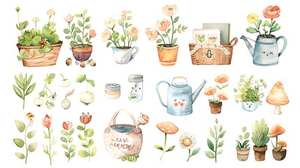 Watercolor Illustration of Garden Elements