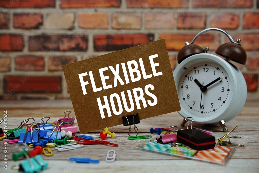 Poster flexible hours text on paper card with alarm clock and stationary on wooden background