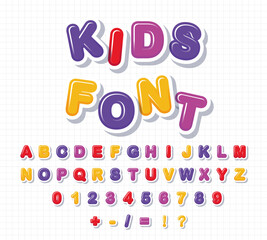 Childish playful color typographic design. Kid font cartoon letters joyful alphabet letter.