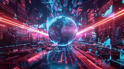 A glowing, futuristic digital landscape with a glowing Earth globe in the center.