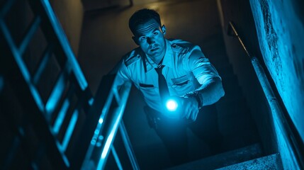 Professional Male Security Guard with Flashlight on Stairs in Darkness