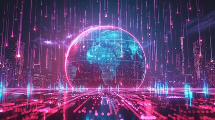 A digital rendering of a globe illuminated with data points hovering over a glowing futuristic city with light streaks descending from above.