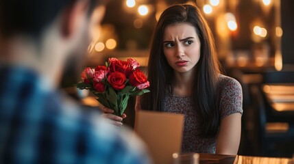 Man Giving Flowers to Young Woman in Restaurant