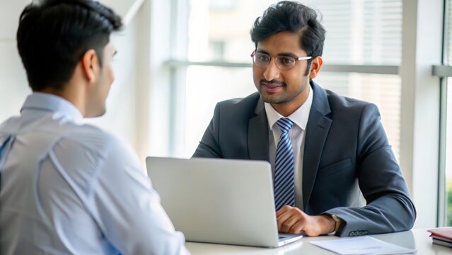 An Indian banker discussing a loan application with a client in the office.
