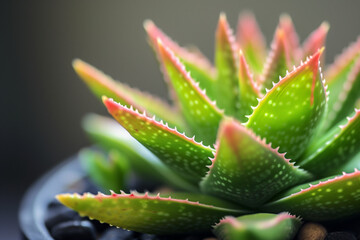 Detail close up of the spiral patterns of the Spiral Aloe plant with spines along its triangular leaves


