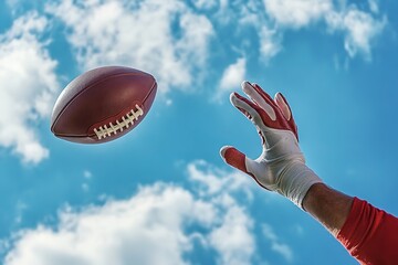 Catching football in sky, dynamic outdoor sports concept