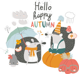 Cute autumn Hedgehogs with umbrella and pumpkins