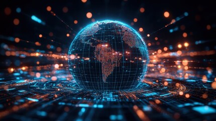 Fototapeta premium A futuristic digital globe surrounded by vibrant data streams, showcasing technology and interconnectedness in a global context.