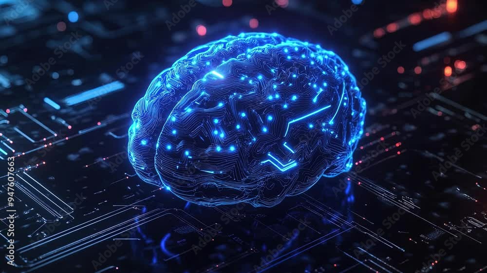 Poster hologram of the brain. brain and technology network. digital brain with glowing circuit patterns. fu