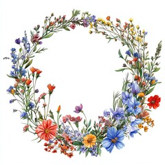 Fototapeta premium Watercolor wreath of wildflowers with copy space.