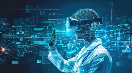 A futuristic depiction of a doctor using virtual reality technology to interact with digital data.