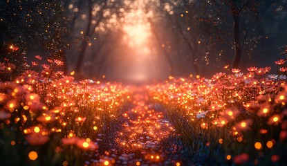 Naklejka premium A mesmerizing fairy forest at night filled with glowing flowers and lights, perfect for Halloween-themed designs with copy space.