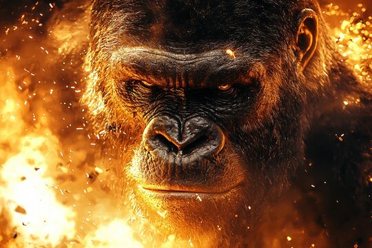 A fierce gorilla unleashing magical powers amidst flames, perfect for Halloween-themed designs, promotions, and event announcements with copy space.