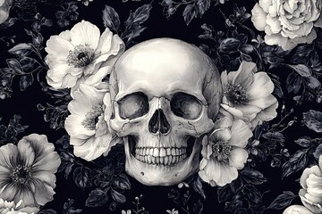 A seamless pattern featuring skulls and flowers, perfect for Halloween-themed designs, invitations, or decor, with copy space.