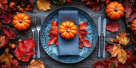 A festive Halloween table setting featuring pumpkins and vibrant autumn leaves, perfect for seasonal gatherings and themed events with copy space.