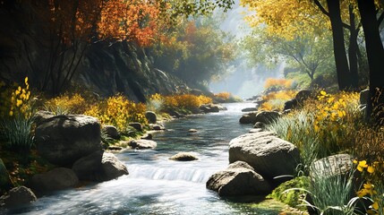 65. "A picturesque 3D scene of a tranquil mountain stream flowing through a forest with vibrant foliage