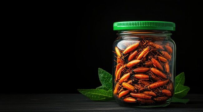 A jar filled with various types of edible insects, placed on a dark background with green leaves, highlighting the concept of alternative protein sources and sustainable food.