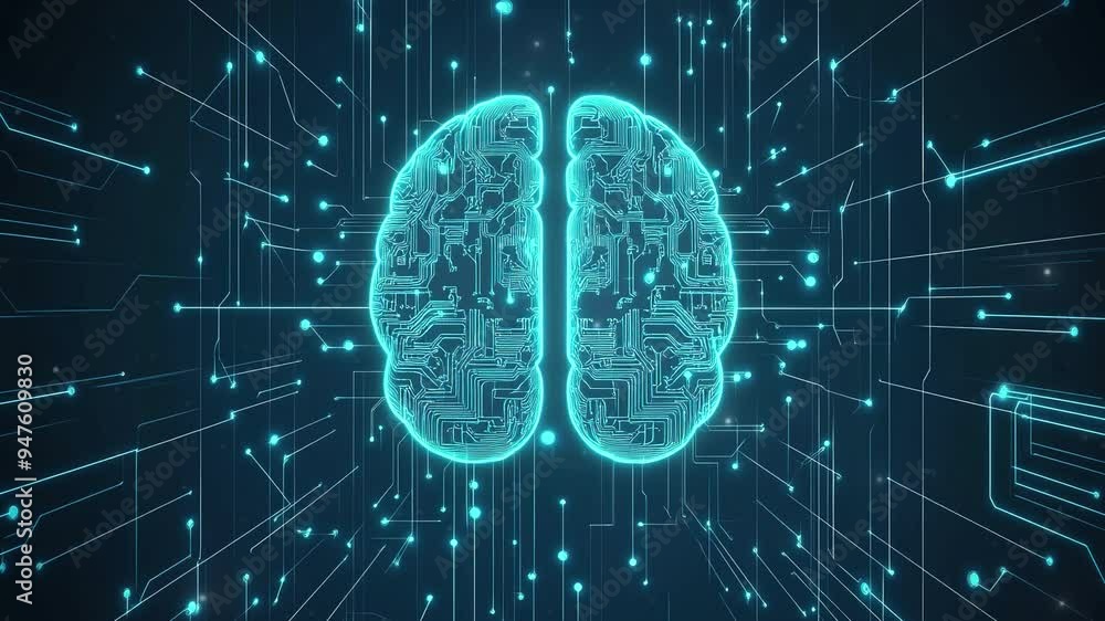 Poster hologram of the brain. brain and technology network. digital brain with glowing circuit patterns. fu