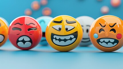 Illustrate a playful set of emoji faces with varied emotions, suitable for website icons, featuring bold colors and clean lines.