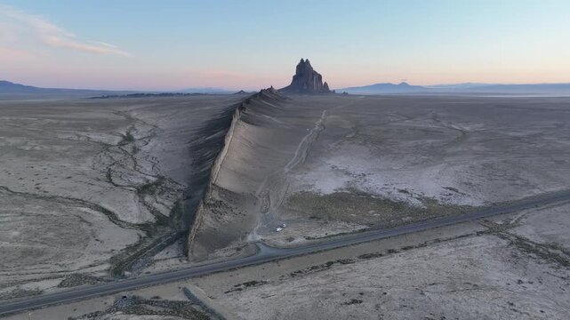 Aerial view of majestic Ship Rock in the volcanic rift during sunrise, Shiprock, New Mexico, United States.