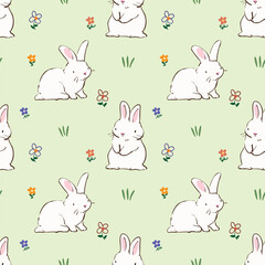 Seamless Pattern with Hand Drawn Rabbit and Flower Design on Light Green Background