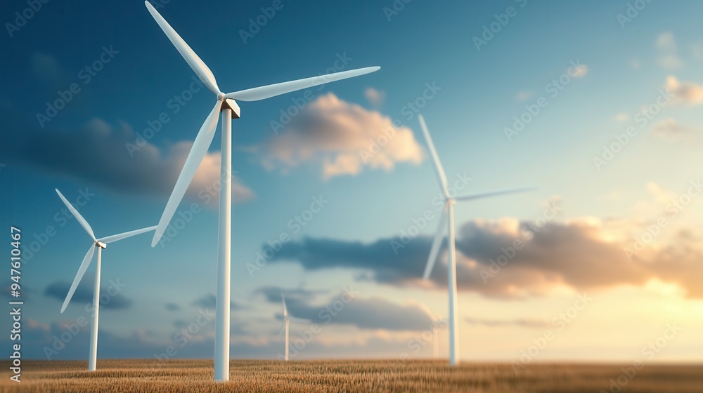 Wall mural Wind Turbines in a Field at Sunset.