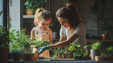 Fototapeta premium Mother and Daughter Caring for Home Plants at Table