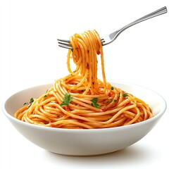 A pasta dish with fork clipart, Italian cuisine, realistic style, with spaghetti twirled on a fork, isolated on white background