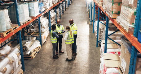 Logistics, inspection and group of people in warehouse with tablet for online checklist in...