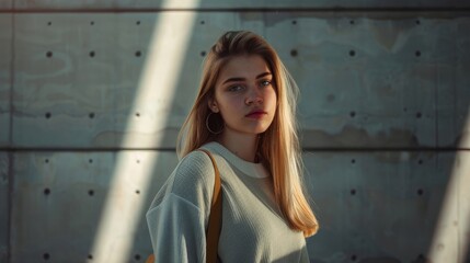 Obraz premium Young woman with long hair standing against a concrete wall, soft light shining, looking thoughtfully at the camera.