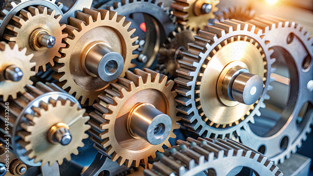 Poster a cluster of intricately designed metal gears interlocks seamlessly, highlighting precision engineer