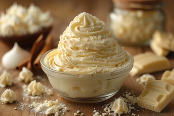 A bowl of creamy white chocolate mousse, garnished with white chocolate shavings.