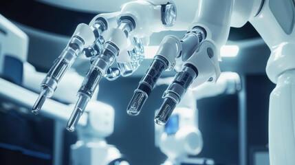 A close-up of a robotic arm in a medical setting, with its intricate mechanisms and sleek design.