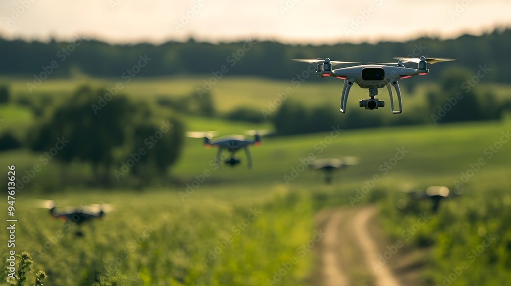 Poster drones soar over farm capturing precision agriculture data with iot devices for optimized crop monit