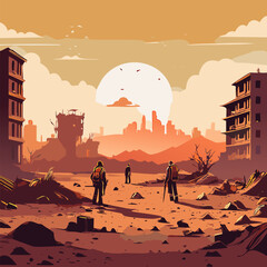  Vector illustration of destroyed city.