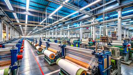The vast textile factory features multiple weaving machines, actively producing fabric rolls, under bright lighting and a spacious layout, showcasing efficient manufacturing processes