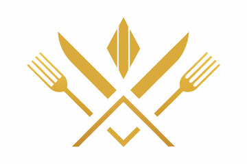 white background plate and golden fork and knife icons set