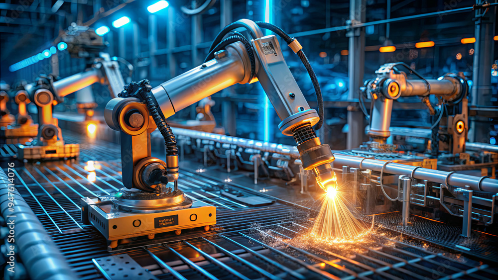 Poster robotic arms are efficiently welding metal components on an assembly line in a modern manufacturing 