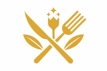 white background plate and golden fork and knife icons set