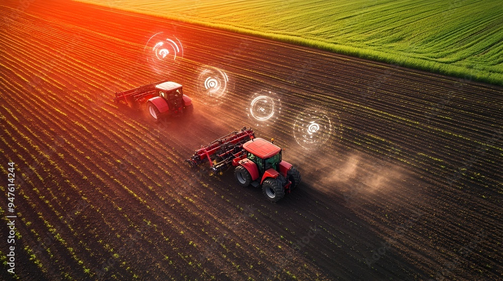 Poster advanced agricultural machinery equipped with iot sensors and data analytics technologies working to