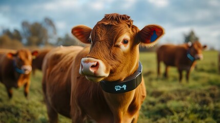 Photograph depicting such as cattle sheep or goats wearing IoT collars that monitor their health and movement metrics in a scenic pastoral setting with a grassy field and countryside landscape