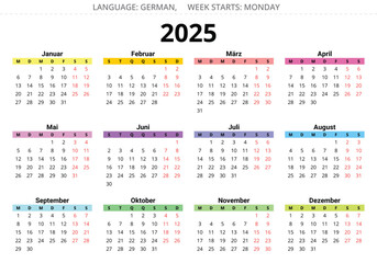 2025 year german calendar. Printable color vector illustration Germany
