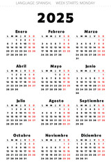 Spanish 2025 year calendar. Printable vector black and red colors illustration for Spain