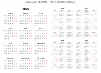 2025, 2026, 2027, 2028, 2029 year vertical german calendars. Printable vector illustration for Germany
