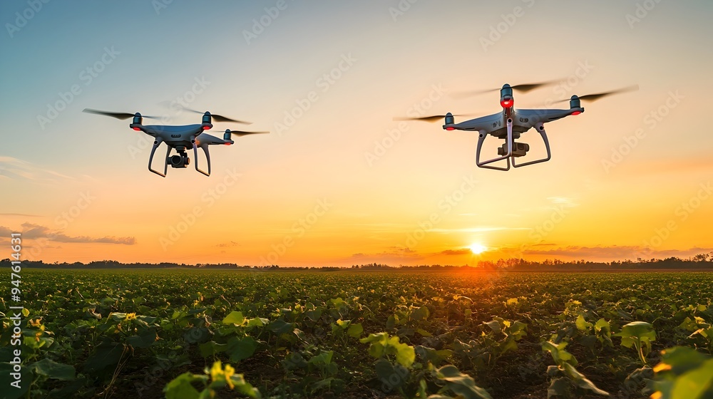 Poster aerial view of drones flying over a lush farm landscape utilizing iot sensors and technology to coll