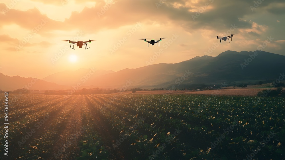 Poster aerial drones capturing real time data with iot sensors for precision agriculture and optimized farm