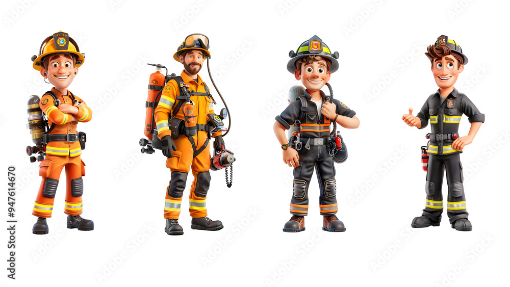 Wall mural heroic firefighter crew: 3d rendered illustration of a diverse team of firefighters in uniform, read