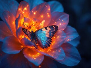 A blue butterfly with wings glowing sits on a white flower with orange glowing petals.