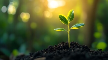 New Life: Green Sprout Emerging from Soil in Sunlight