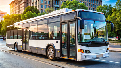 A public transit bus navigates a city street, showcasing its sleek design against the backdrop of residential buildings and lush trees as the sun sets